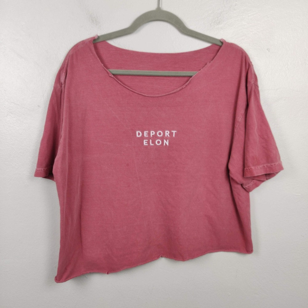 Deport Elon Graphic Tee Womens XL Approx‎ Pink Cropped Cut Neckline Protest